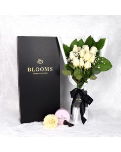 Valentine’s Day Dozen White Rose Bouquet With Box & Chocolate